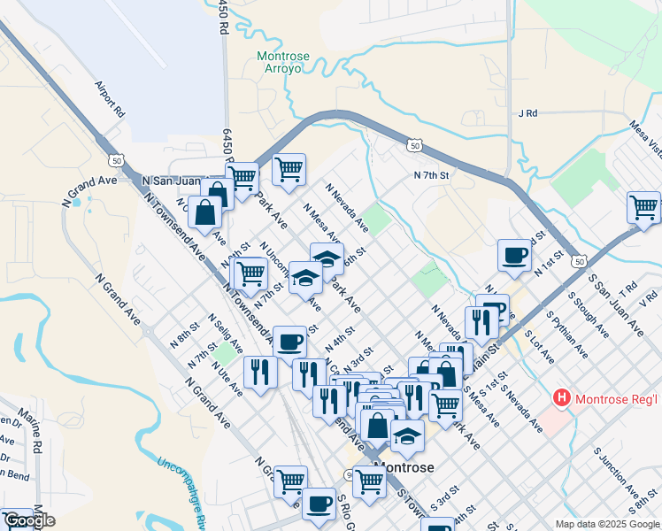map of restaurants, bars, coffee shops, grocery stores, and more near 601 North Park Avenue in Montrose