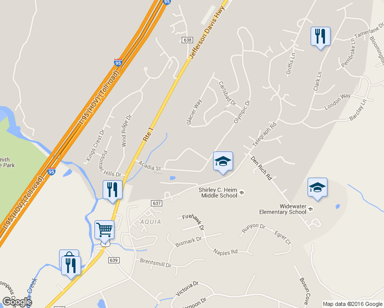 map of restaurants, bars, coffee shops, grocery stores, and more near 44 Denali Drive in Stafford