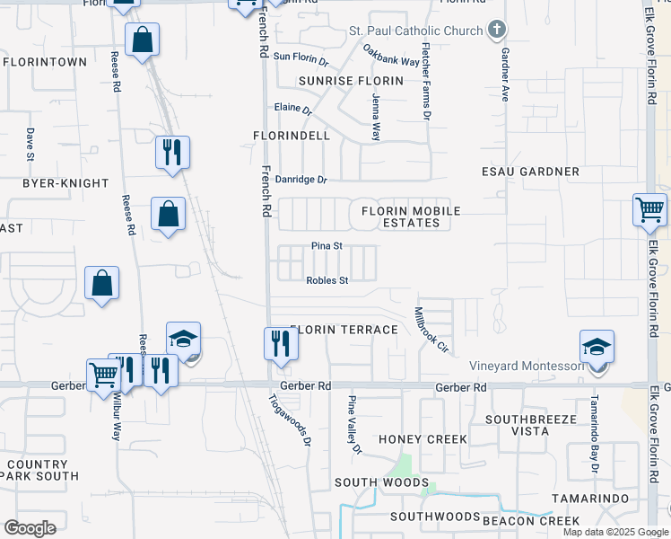 map of restaurants, bars, coffee shops, grocery stores, and more near 46 Robles Street in Sacramento