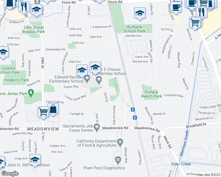map of restaurants, bars, coffee shops, grocery stores, and more near 8 Loma Verde Court in Sacramento