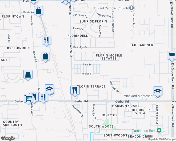 map of restaurants, bars, coffee shops, grocery stores, and more near 46 Robles Street in Sacramento