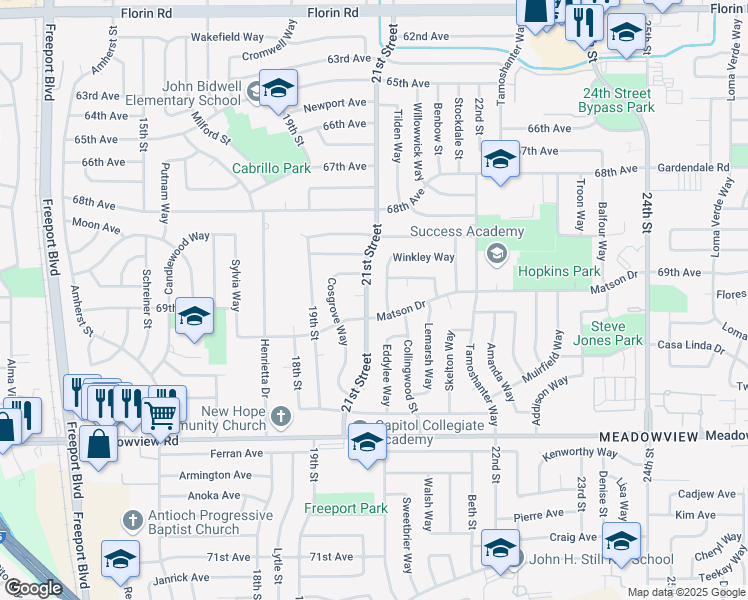 map of restaurants, bars, coffee shops, grocery stores, and more near 7494 21st Street in Sacramento