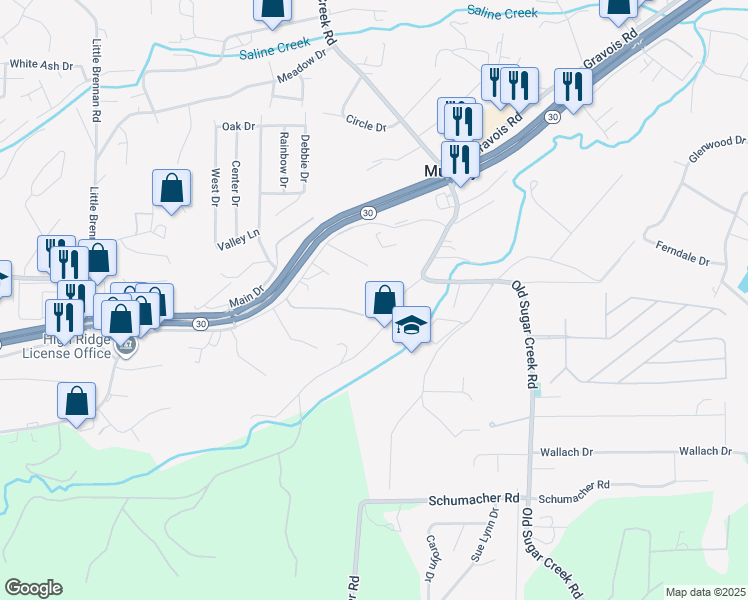 map of restaurants, bars, coffee shops, grocery stores, and more near 4251 Del Ridge Drive in High Ridge