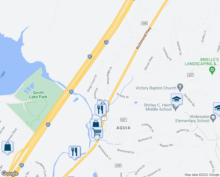 map of restaurants, bars, coffee shops, grocery stores, and more near 306 Wind Ridge Drive in Stafford