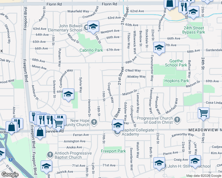 map of restaurants, bars, coffee shops, grocery stores, and more near 7486 Cosgrove Way in Sacramento