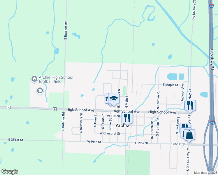 map of restaurants, bars, coffee shops, grocery stores, and more near 203 North Ohio Street in Archie