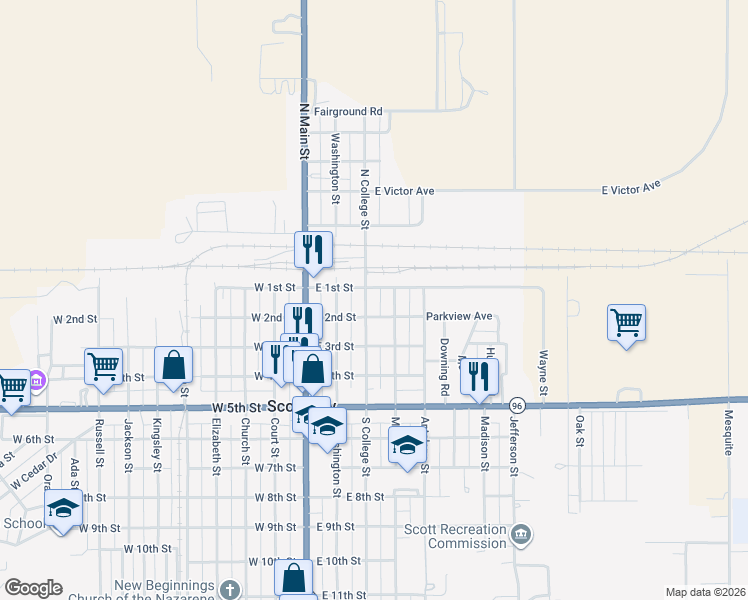 map of restaurants, bars, coffee shops, grocery stores, and more near 351-399 East 2nd Street in Scott City