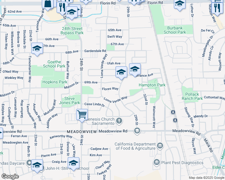 map of restaurants, bars, coffee shops, grocery stores, and more near 7520 29th Street in Sacramento