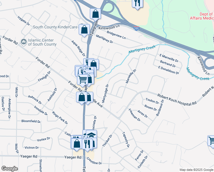 map of restaurants, bars, coffee shops, grocery stores, and more near Martyridge Drive in St. Louis