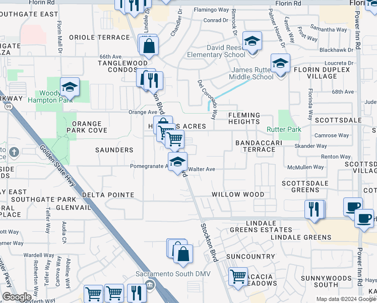 map of restaurants, bars, coffee shops, grocery stores, and more near 7501 Stockton Boulevard in Sacramento