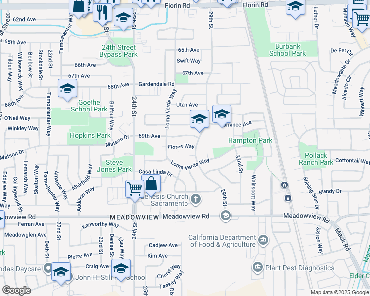 map of restaurants, bars, coffee shops, grocery stores, and more near 7520 29th Street in Sacramento