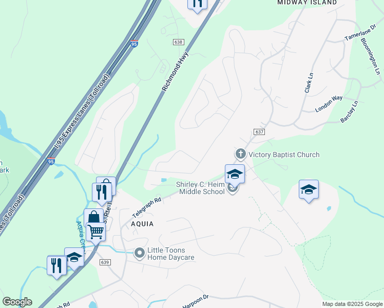 map of restaurants, bars, coffee shops, grocery stores, and more near 49 Denali Drive in Stafford