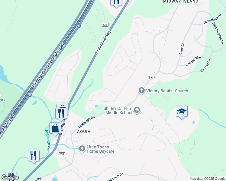 map of restaurants, bars, coffee shops, grocery stores, and more near 49 Denali Drive in Stafford