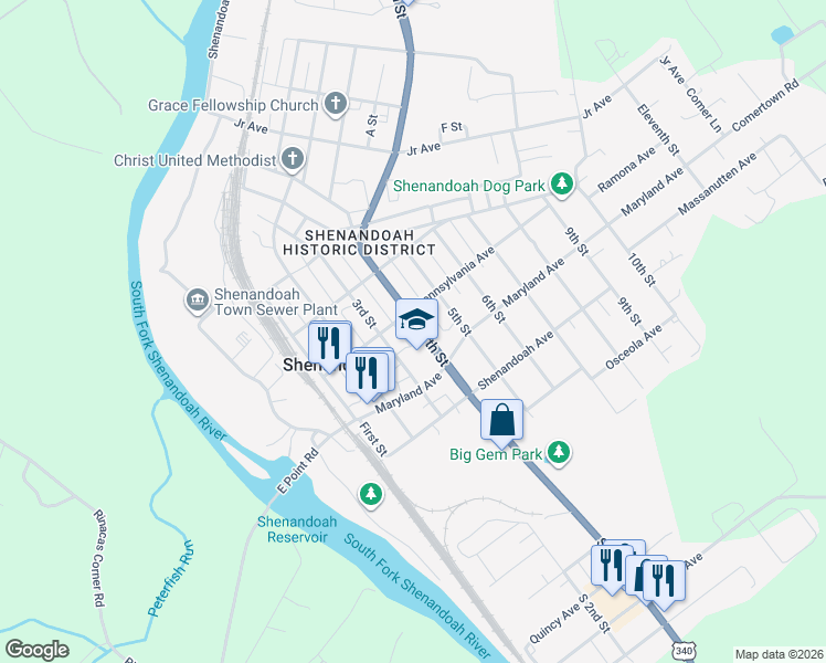 map of restaurants, bars, coffee shops, grocery stores, and more near 527 4th Street in Shenandoah