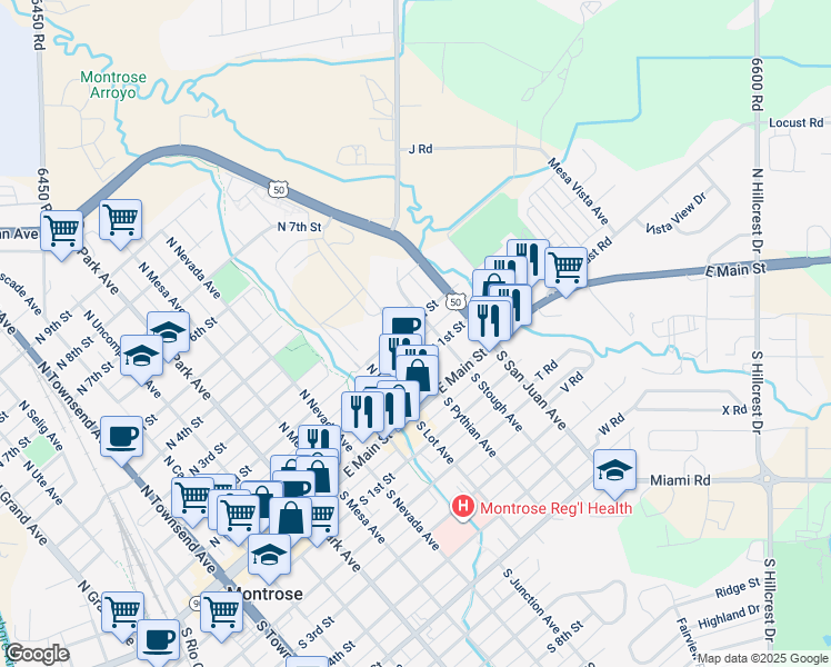 map of restaurants, bars, coffee shops, grocery stores, and more near 1126 North 2nd Street in Montrose