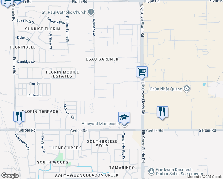 map of restaurants, bars, coffee shops, grocery stores, and more near 7499 Gardner Avenue in Sacramento