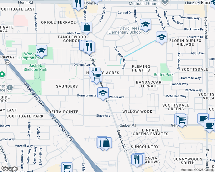 map of restaurants, bars, coffee shops, grocery stores, and more near 7475 Stockton Boulevard in Sacramento
