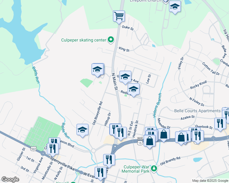 map of restaurants, bars, coffee shops, grocery stores, and more near 1032 North Main Street in Culpeper
