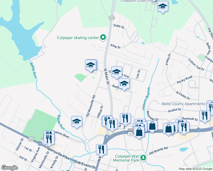 map of restaurants, bars, coffee shops, grocery stores, and more near 1032 North Main Street in Culpeper