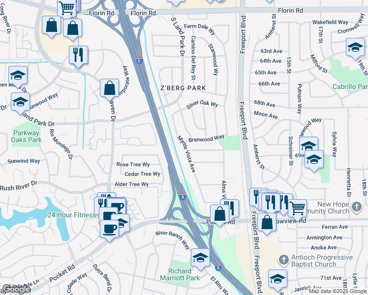 map of restaurants, bars, coffee shops, grocery stores, and more near 7462 Myrtle Vista Avenue in Sacramento