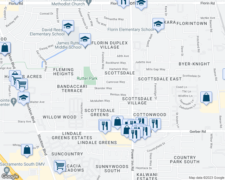 map of restaurants, bars, coffee shops, grocery stores, and more near 7824 Skander Way in Sacramento