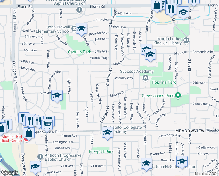 map of restaurants, bars, coffee shops, grocery stores, and more near 7438 21st Street in Sacramento