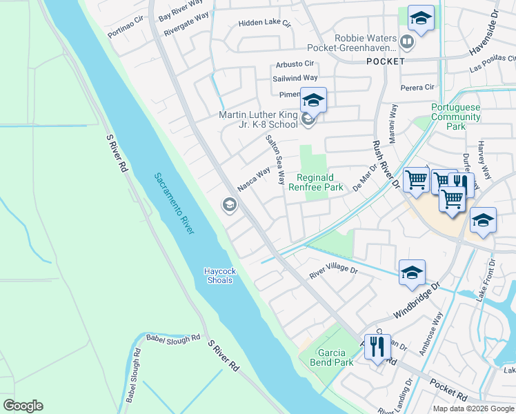 map of restaurants, bars, coffee shops, grocery stores, and more near 7454 Griggs Way in Sacramento
