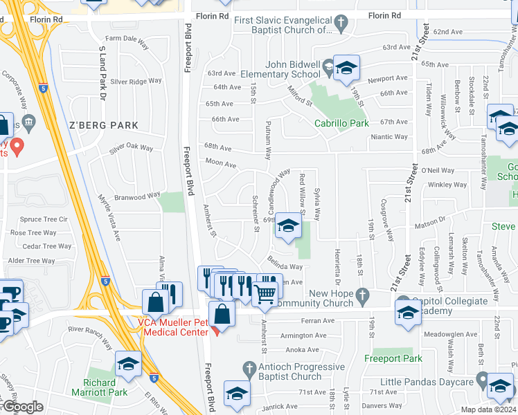 map of restaurants, bars, coffee shops, grocery stores, and more near 7459 Schreiner Street in Sacramento