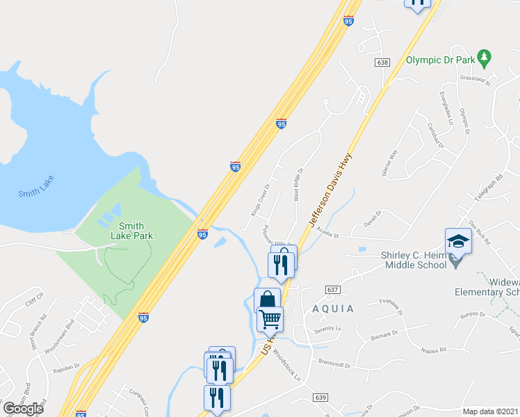 map of restaurants, bars, coffee shops, grocery stores, and more near 1105 Kings Crest Drive in Stafford