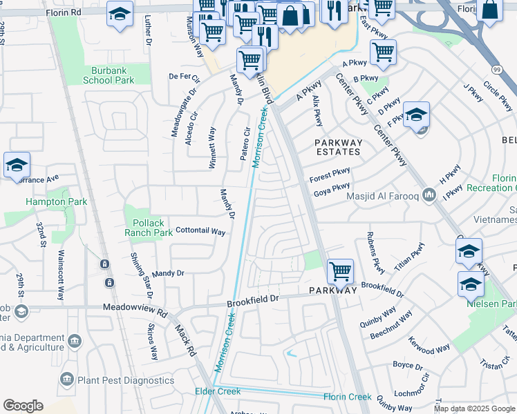 map of restaurants, bars, coffee shops, grocery stores, and more near 52 Restoration Court in Sacramento