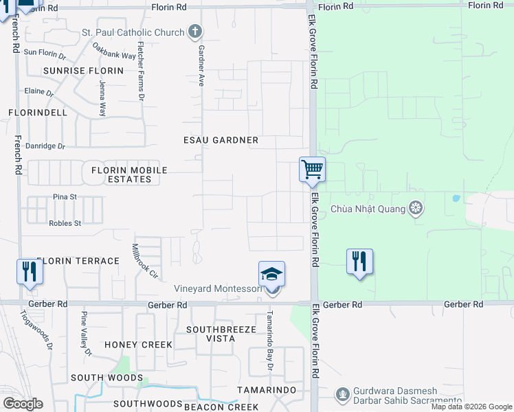 map of restaurants, bars, coffee shops, grocery stores, and more near 7450 Elk Grove Florin Road in Sacramento