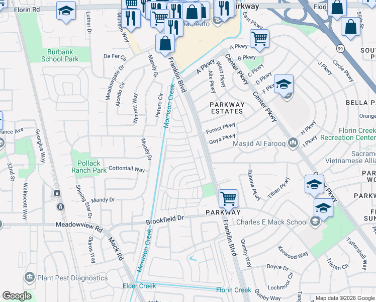 map of restaurants, bars, coffee shops, grocery stores, and more near 4358 Shining Star Drive in Sacramento