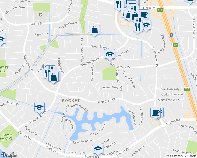 map of restaurants, bars, coffee shops, grocery stores, and more near 862 Gulfwind Way in Sacramento