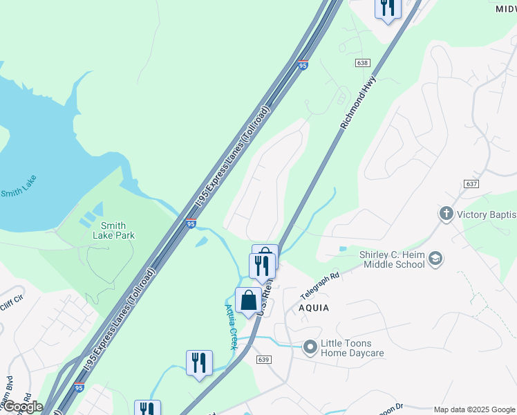 map of restaurants, bars, coffee shops, grocery stores, and more near 404 Potomac Hills Drive in Stafford