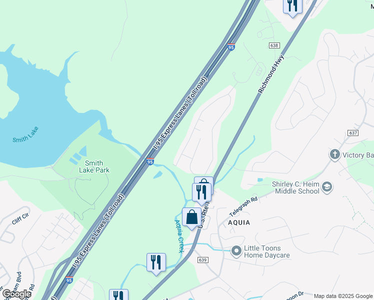 map of restaurants, bars, coffee shops, grocery stores, and more near 1103 Kings Crest Drive in Stafford