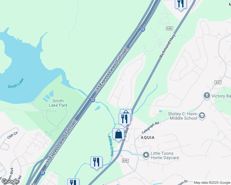 map of restaurants, bars, coffee shops, grocery stores, and more near 1103 Kings Crest Drive in Stafford