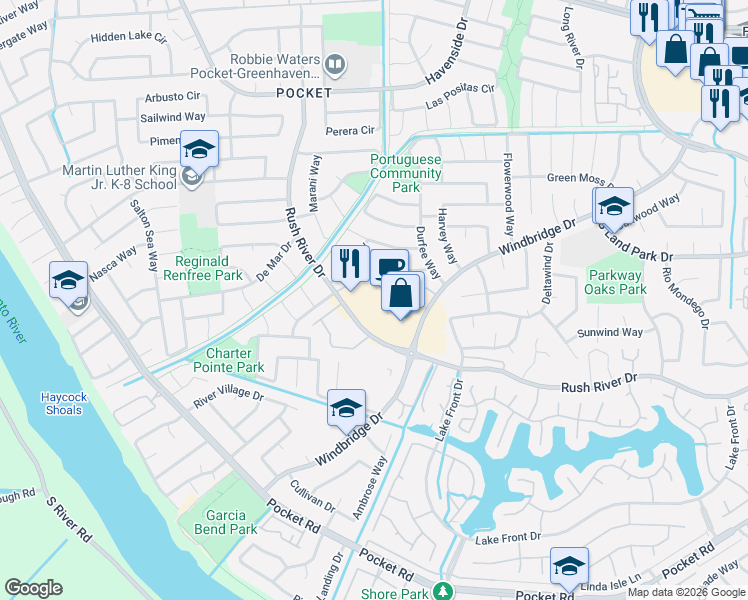 map of restaurants, bars, coffee shops, grocery stores, and more near 7465 Rush River Drive in Sacramento