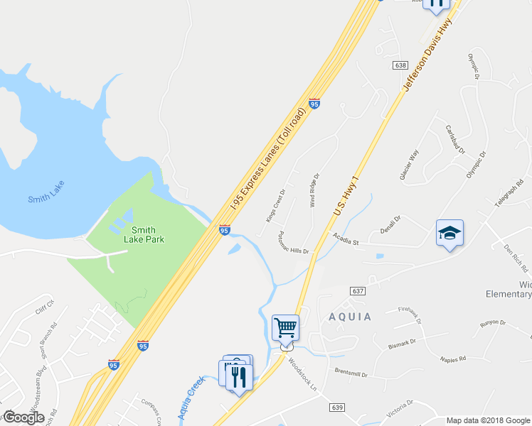 map of restaurants, bars, coffee shops, grocery stores, and more near 1110 Kings Crest Drive in Stafford