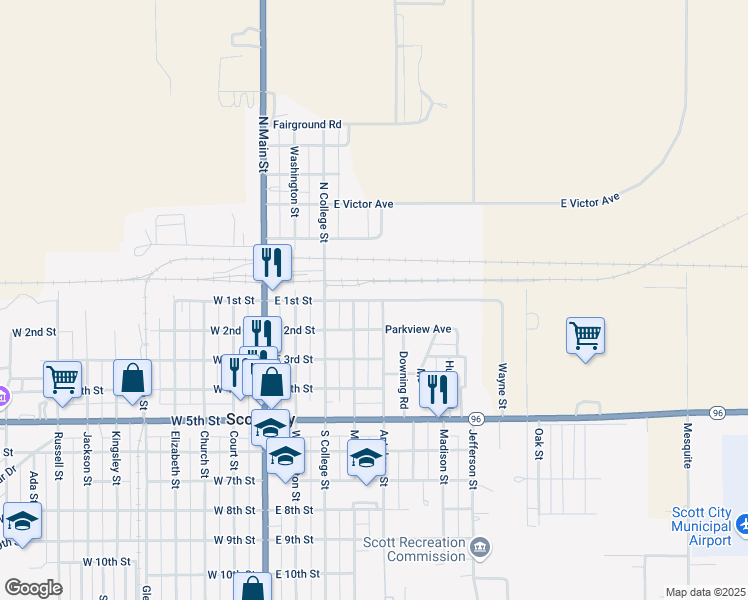 map of restaurants, bars, coffee shops, grocery stores, and more near 410 East 1st Street in Scott City