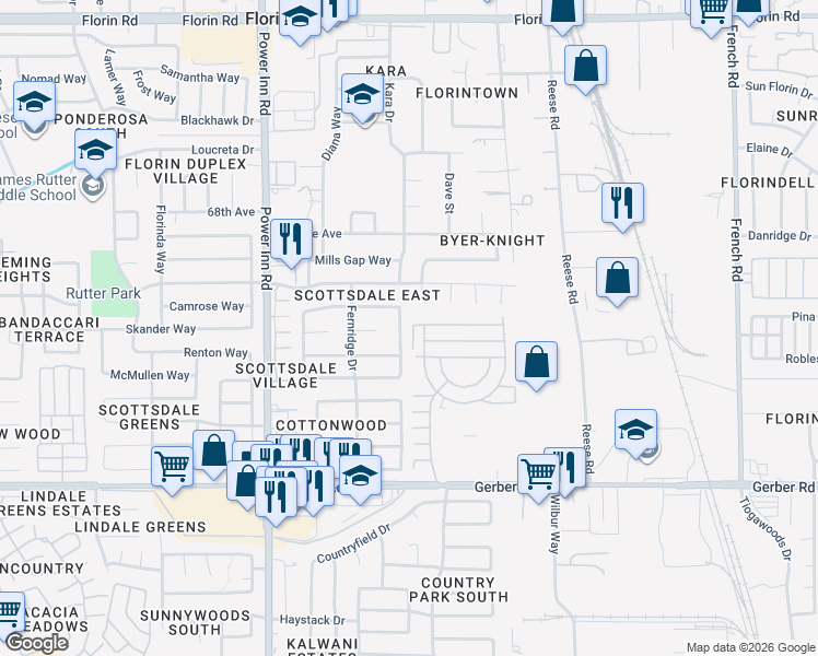 map of restaurants, bars, coffee shops, grocery stores, and more near 8206 Moorhaven Way in Sacramento