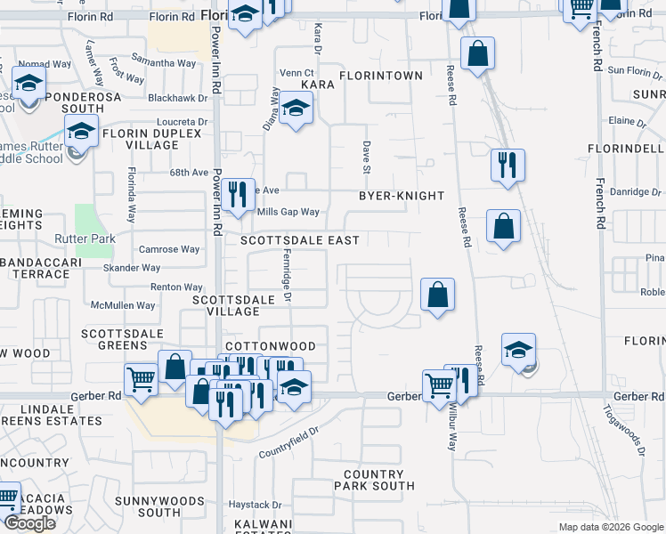 map of restaurants, bars, coffee shops, grocery stores, and more near 8206 Moorhaven Way in Sacramento