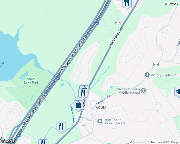 map of restaurants, bars, coffee shops, grocery stores, and more near 404 Wind Ridge Drive in Stafford
