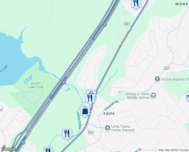 map of restaurants, bars, coffee shops, grocery stores, and more near 405 Wind Ridge Drive in Stafford