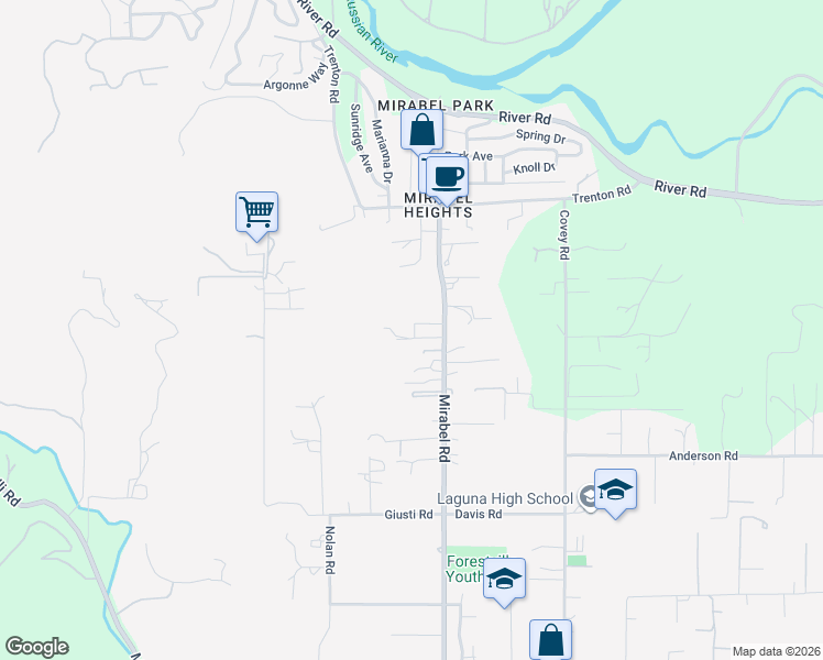 map of restaurants, bars, coffee shops, grocery stores, and more near 7766 Mirabel Road in Forestville