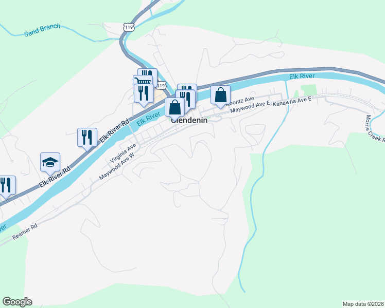 map of restaurants, bars, coffee shops, grocery stores, and more near 395 Mountain View Drive in Clendenin