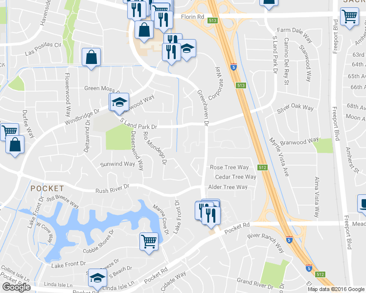 map of restaurants, bars, coffee shops, grocery stores, and more near 7401 South Land Park Drive in Sacramento