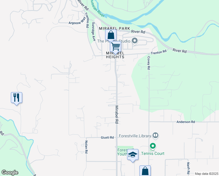 map of restaurants, bars, coffee shops, grocery stores, and more near 7766 Mirabel Road in Forestville