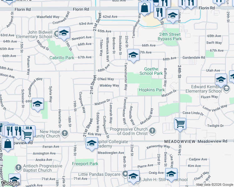 map of restaurants, bars, coffee shops, grocery stores, and more near 2157 Vollan Way in Sacramento