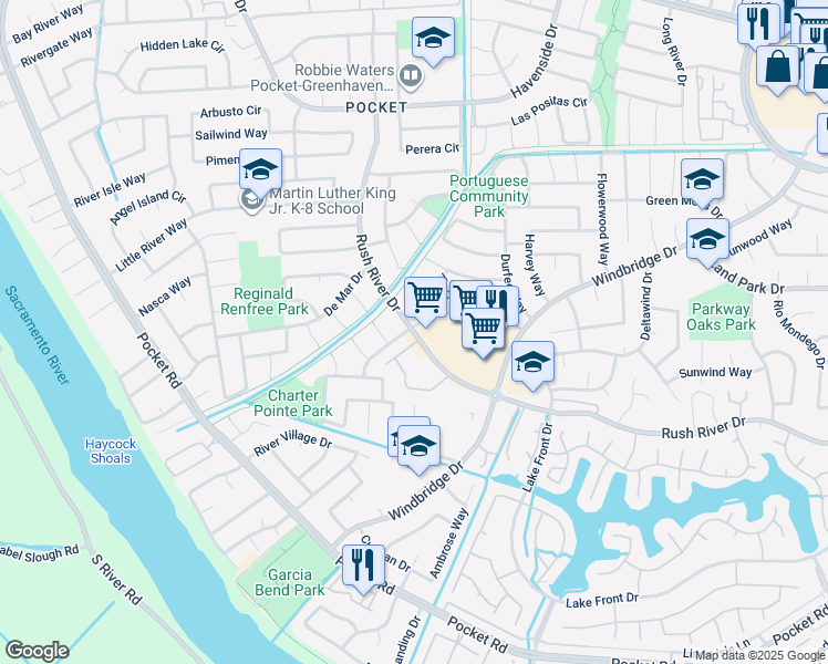 map of restaurants, bars, coffee shops, grocery stores, and more near 7438 Rush River Drive in Sacramento