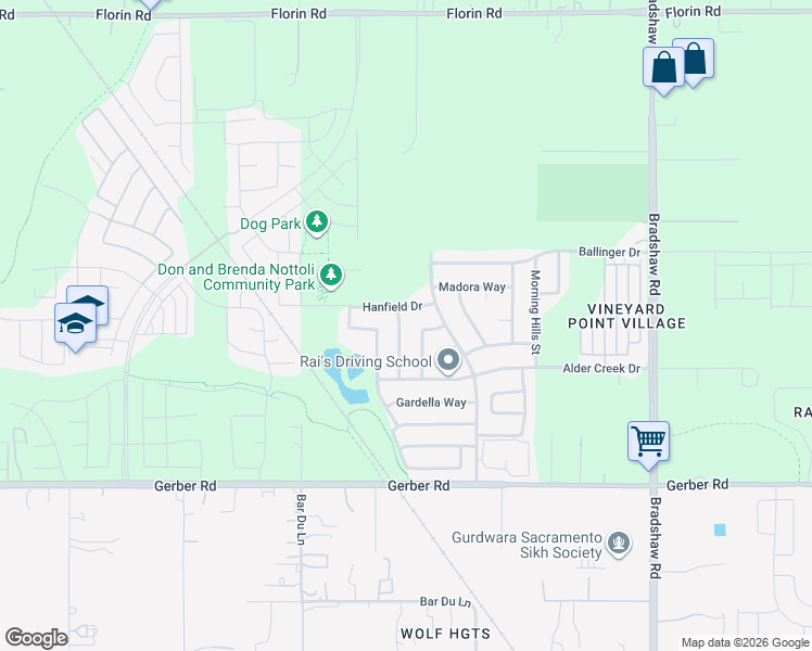 map of restaurants, bars, coffee shops, grocery stores, and more near 9532 Hanfield Drive in Sacramento